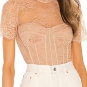 Sheer Lace Bodysuit in Peach